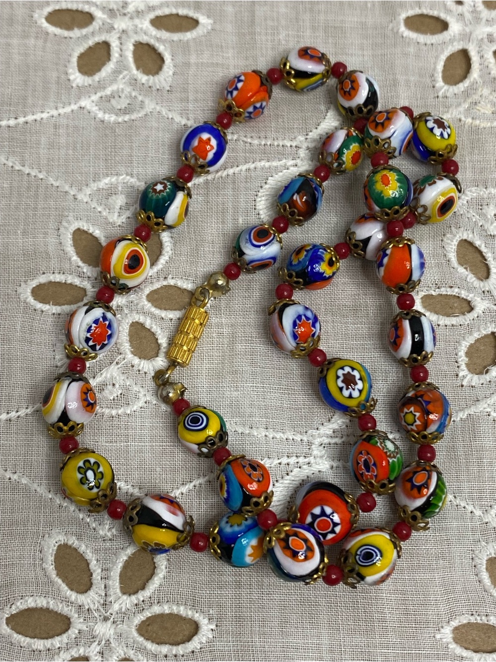 Vintage Venetian Millefiori Glass Bead Necklace Brass Caps Barrel Clasp 17-1/2”